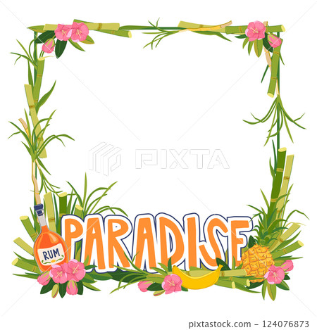Vector square frame. Template for decoration Cruise vacation on a tropical island. Composition with a bottle of rum, pineapple, banana and flowers and a place for text. Paradise vacation. Summer party Vector square frame. Template for decoration Cruise vacation on a tropical island. Composition with a bottle of rum, pineapple, banana and flowers and a place for text. Paradise vacation. Summer party 124076873