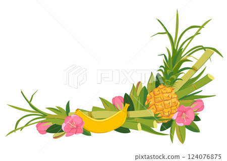 Vector corner composition with refreshing banana, pineapple, green bamboo and tropical flowers. Beach bar menu illustration. Cruise vacation, summer holidays, party, cafe, vacation. 124076875