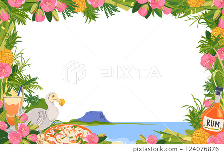 Vector horizontal frame. Panoramic view of Mauritius island beach and Le Morne Brabant mountain. Dodo bird, trochetia boutoniana flowers, pineapple, rum, cocktail in flat style. Tropical paradise 124076876