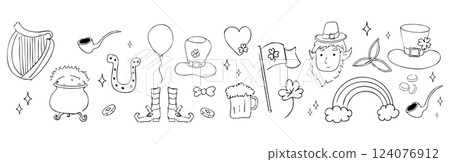 Saint Patrick Day elements decoration doodle border line traditional decorations. Rainbow, harp, coins and lucky clover. Saint Patrick Day elements decoration doodle border line traditional decorations. Rainbow, harp, coins and lucky clover. 124076912