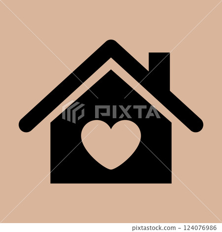 Black Silhouette Icon of House with Heart on Beige Background, Symbolizing Home, Love, Family, Comfort, Care, and Real Estate. Minimalist and Modern Design for Housing, Safety, and Property Concepts. Black Silhouette Icon of House with Heart on Beige Background, Symbolizing Home, Love, Family, Comfort, Care, and Real Estate. Minimalist and Modern Design for Housing, Safety, and Property Concepts. 124076986
