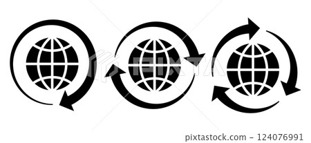 Icons of Arrows and globe. Global recycling arrows icon, circular world cycle, eco sustainability, renewable energy, environmental conservation, planet protection, reuse process, worldwide trade Icons of Arrows and globe. Global recycling arrows icon, circular world cycle, eco sustainability, renewable energy, environmental conservation, planet protection, reuse process, worldwide trade 124076991