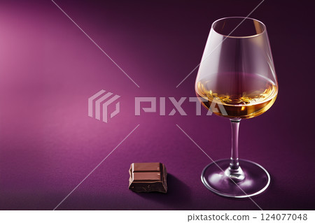 Dessert Wine Glass with Chocolate Piece on Deep Plum Background 124077048