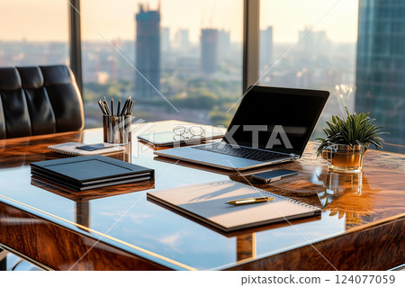 Luxury Executive Desk in a Modern Office with City Skyline View 124077059