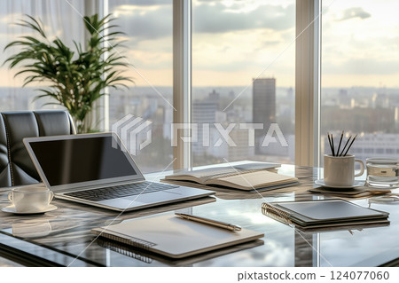 Luxury Workspace With Glass Desk and Stylish Accessories in Modern Office 124077060