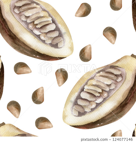 Coffee beans seamless pattern with watercolor coca pod and dried beans illustration. Organic food background, morning hot drink ingredient painting for packing ,wallpaper, textile design Coffee beans seamless pattern with watercolor coca pod and dried beans illustration. Organic food background, morning hot drink ingredient painting for packing ,wallpaper, textile design 124077146