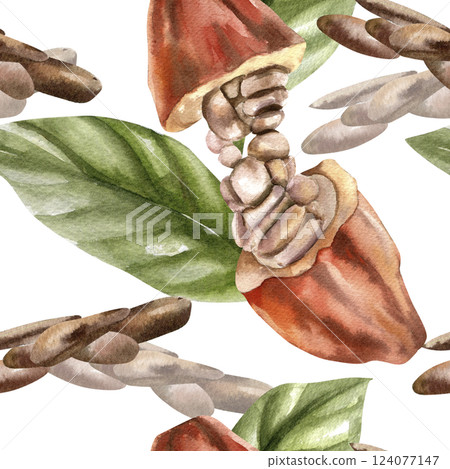 Coffee beans seamless pattern with watercolor pod with fresh beans and green leaves illustration. Hand drawn floral background with organic food for textile, fabric, cafe wallpaper design Coffee beans seamless pattern with watercolor pod with fresh beans and green leaves illustration. Hand drawn floral background with organic food for textile, fabric, cafe wallpaper design 124077147