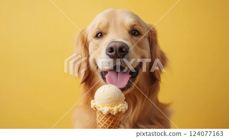 Adorable Golden Retriever Holding a Vanilla Ice Cream Cone on a Bright Yellow Background 124077163