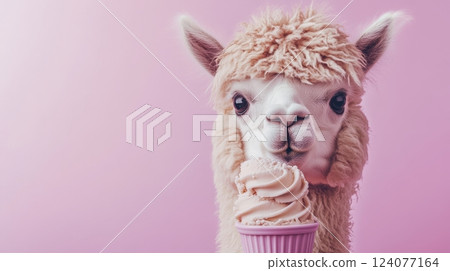 Adventurous Alpaca Enjoying a Caramel Swirl Ice Cream on a Pink Background 124077164