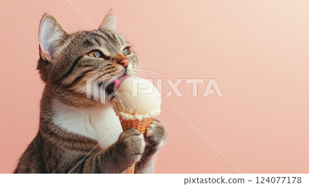 Chubby Exotic Shorthair Cat Licking a Butterscotch Treat with Closeup Portrait on Pink Background 124077178