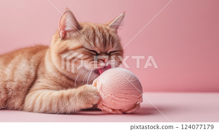 Chubby Exotic Shorthair Cat Licking a Sweet Treat in a Pink Studio Setup 124077179