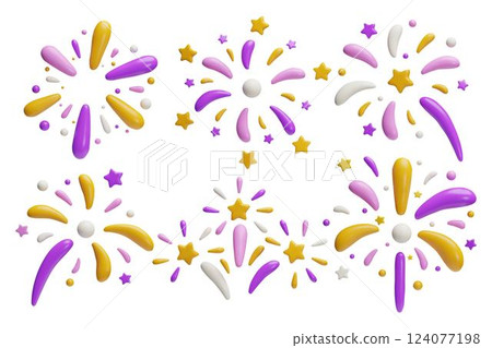 Sparkling light, sparkler 3D vector set, festive purple and yellow bang, firework explosion, bursting salute, stars 124077198