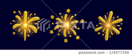 Sparkling light, shiny sparkler 3D vector set, festive gold glow bang firework explosion, bursting salute sparks on dark 124077199