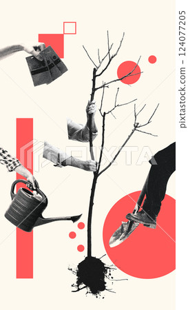 Multiple hands planting, watering, nurturing young tree, geometric patterns enhancing growth. Contemporary art collage. Farming, gardening Multiple hands planting, watering, nurturing young tree, geometric patterns enhancing growth. Contemporary art collage. Farming, gardening 124077205