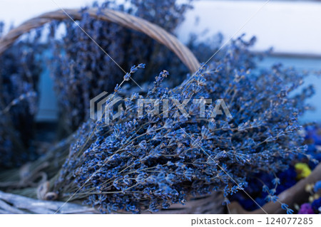 Delicate Lavender Bundles in a Rustic Basket Capturing the Serenity of Floral Beauty Surrounded by a Calm and Peaceful Environment Perfect for Home Decor and Aromatherapy 124077285