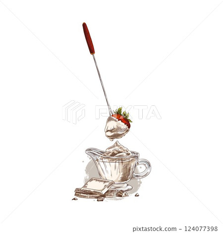 Strawberry with melted white chocolate on the skewer hand drawn vector illustration, fondue dessert dish sketch Strawberry with melted white chocolate on the skewer hand drawn vector illustration, fondue dessert dish sketch 124077398