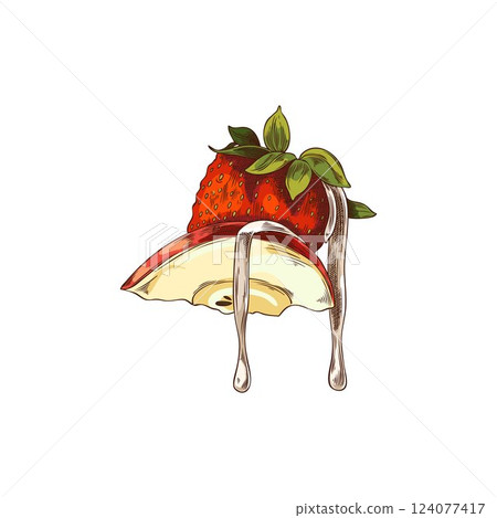 Fondue with white chocolate, apple slice and strawberry. Vector watercolor hand drawn illustration. Fondue with white chocolate, apple slice and strawberry. Vector watercolor hand drawn illustration. 124077417