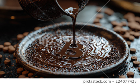 Pouring rich chocolate into a round dish featuring a prominent bitcoin symbol on a wooden table next to scattered cacao beans 124077423