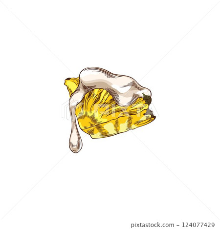 Vector sketch of pineapple slice in white chocolate. Hot fondue. Vector sketch of pineapple slice in white chocolate. Hot fondue. 124077429