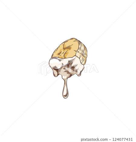 Slice of banana in melted white chocolate hand drawn vector illustration, tropical fruit piece in dripping cheese sketch 124077431