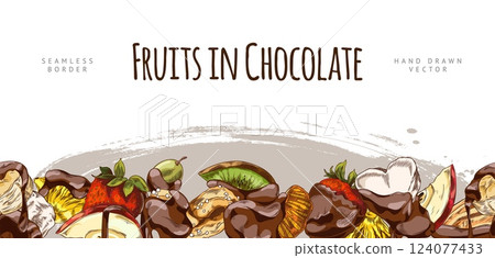 Vector Sketch Banner with Seamless Bottom Border with Fruit Pieces in Hot Chocolate. 124077433