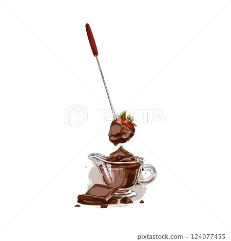 Strawberry with melted dark chocolate on the skewer hand drawn vector illustration, fondue dessert dish sketch 124077455