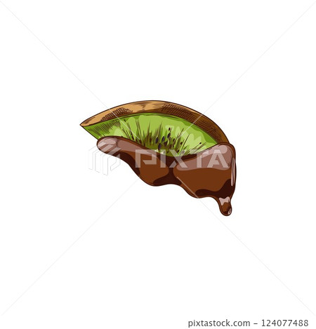 Slice of kiwi in melted dark chocolate hand drawn vector illustration, fruit piece in dripping cheese sketch, fondue 124077488