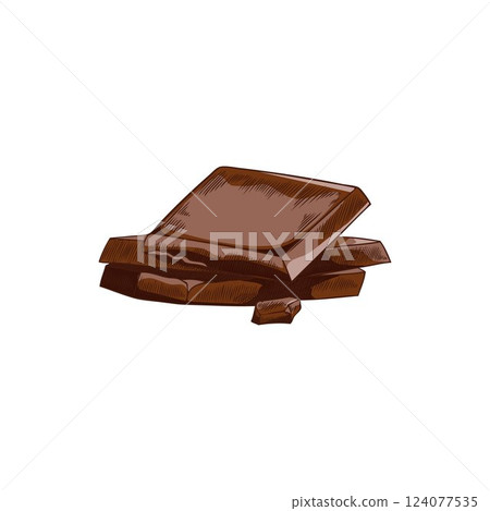 Bars of dark chocolate pieces hand drawn vector illustration, sweet dessert sketch, ingredient for fondue, cacao candy 124077535