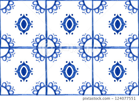 watercolor seamless pattern with tiles with blue patterns watercolor seamless pattern with tiles with blue patterns 124077551