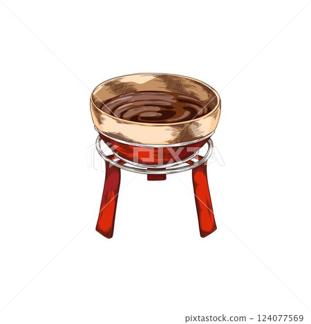 Fondue bowl on stand with melted dark chocolate or cacao cream cheese hand drawn vector illustration, yogurt bowl sketch 124077569