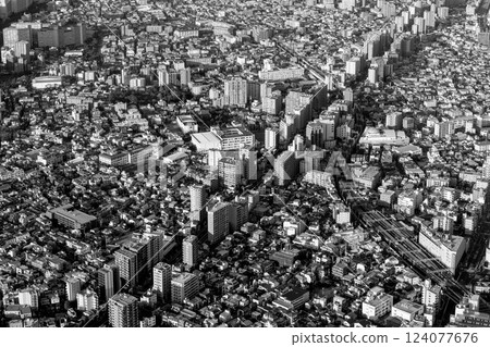 Black and white cityscape of Tokyo, highlighting the intricate arrangement of streets, structures 124077676