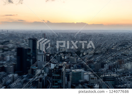 Fading sunlight casts a golden glow over Tokyo while a ghosting effect Fading sunlight casts a golden glow over Tokyo while a ghosting effect 124077686