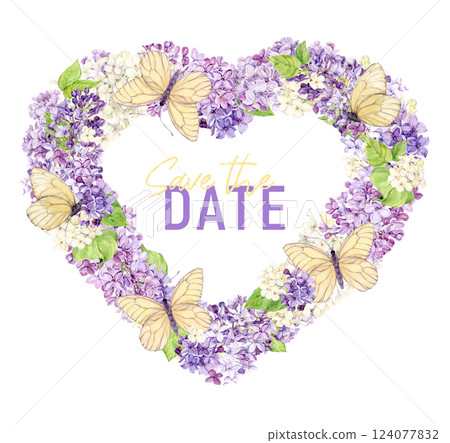 Romantic heart shaped lilac wreath with white butterflies. Spring flowers frame. Wedding greeting card template. Save the date. Romantic heart shaped lilac wreath with white butterflies. Spring flowers frame. Wedding greeting card template. Save the date. 124077832