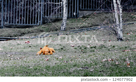 A worn-out teddy bear lies abandoned on cold grass in a desaturated park, evoking feelings of loneliness and nostalgia. The muted tones enhance the melancholic and eerie atmosphere. A worn-out teddy bear lies abandoned on cold grass in a desaturated park, evoking feelings of loneliness and nostalgia. The muted tones enhance the melancholic and eerie atmosphere. 124077902