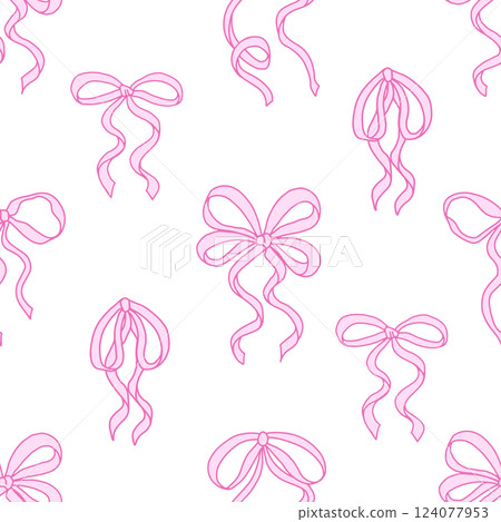 Coquette seamless pattern Pink Ribbon Bow. Pretty Girly bows on white background. Trendy feminine romantic art for greeting cards, textile, fabric, wallpaper, wrapping. Vector Illustration. 124077953