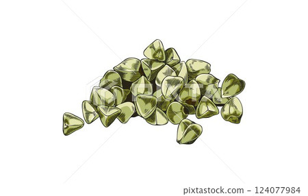 Buckwheat seeds heap, raw cereal crops in green peels, grains heap vector sketch, hand drawn agriculture plant harvest 124077984