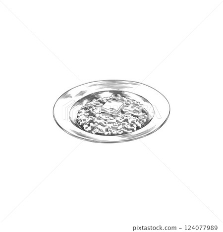Pencil sketch of buckwheat porridge in a bowl with a piece of butter. Pencil sketch of buckwheat porridge in a bowl with a piece of butter. 124077989