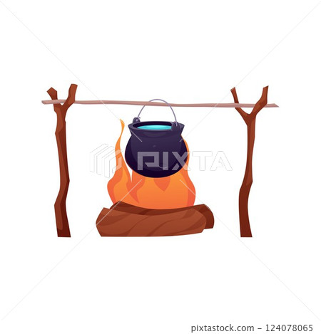 Vector illustration of iron cauldron with water hanging on wooden sticks over campfire. 124078065