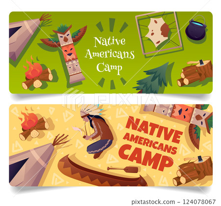 Vector banner set with wigwam, canoe, indian, campfire, totem, map, trees, native americans. Vector banner set with wigwam, canoe, indian, campfire, totem, map, trees, native americans. 124078067