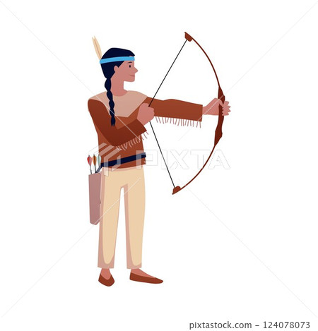 Native American woman in traditional clothing with drawn bow. 124078073