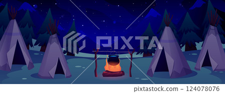 Native American teepees village in the night flat vector illustration, cartoon Indian wigwam and burning fire with pot 124078076