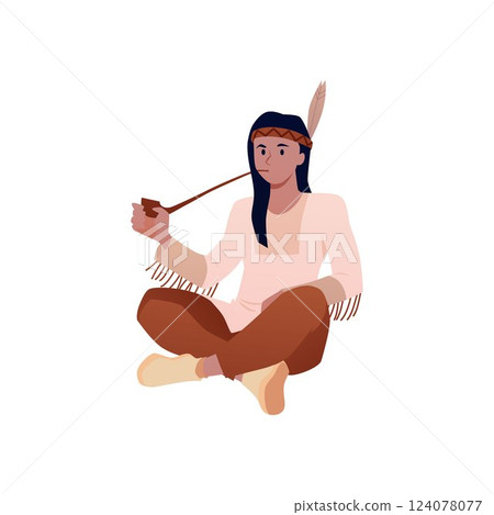 Native American Indian in traditional costume smokes pipe, vector tribal aborigine with ethnic headband with feather 124078077