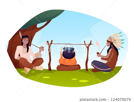 Native American Indian men in ethnic clothing smoke pipe near the burning fire with pot, vector aborigines on nature 124078079