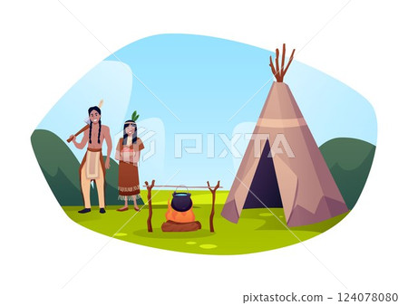 Native American traditional teepee village and indigenous people vector illustration, cartoon tribal hut Indian wigwam Native American traditional teepee village and indigenous people vector illustration, cartoon tribal hut Indian wigwam 124078080