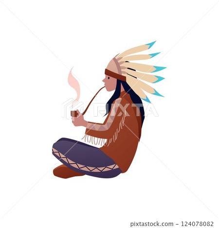 Native American Indian in traditional costume smokes pipe, vector cartoon tribal aborigine with feather ethnic headdress 124078082