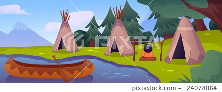 Indian huts near river with canoe and kettle over fire with forest trees in background. 124078084