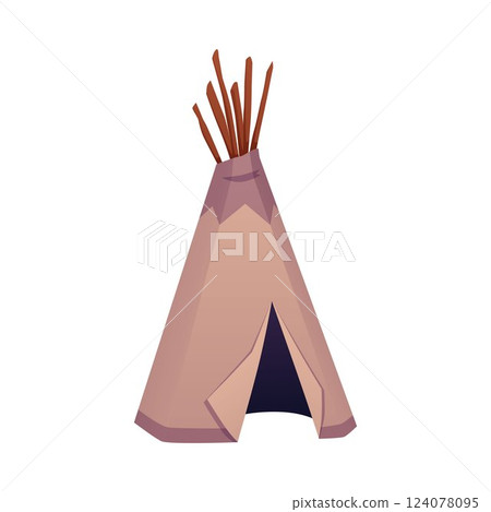 Native American traditional teepee, cartoon wigwam vector flat icon, tribal hut cone shape aboriginal home, leather tent 124078095
