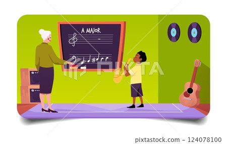 Vector illustration of music classroom interior, with teacher and student. Vector illustration of music classroom interior, with teacher and student. 124078100