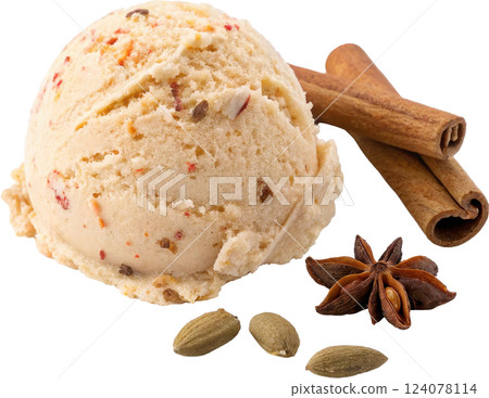 A Creamy Scoop of Chai Spiced Artisanal Ice Cream with Fragrant Cinnamon and Star Anise Accents 124078114