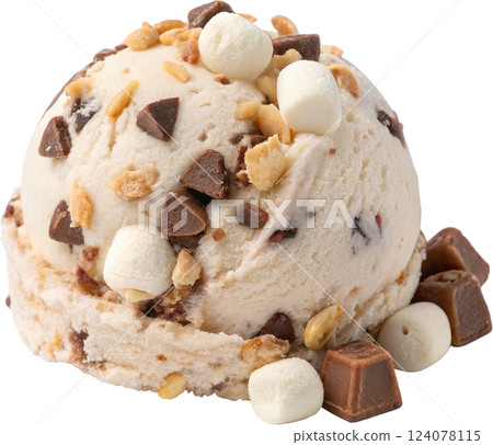 A Creamy Scoop of Delectable Rocky Road Ice Cream with Chocolate Nuts and Marshmallows 124078115